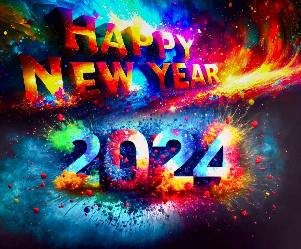 Tęczowy napis z fajerwerków szczęśliwego nowego roku 2024